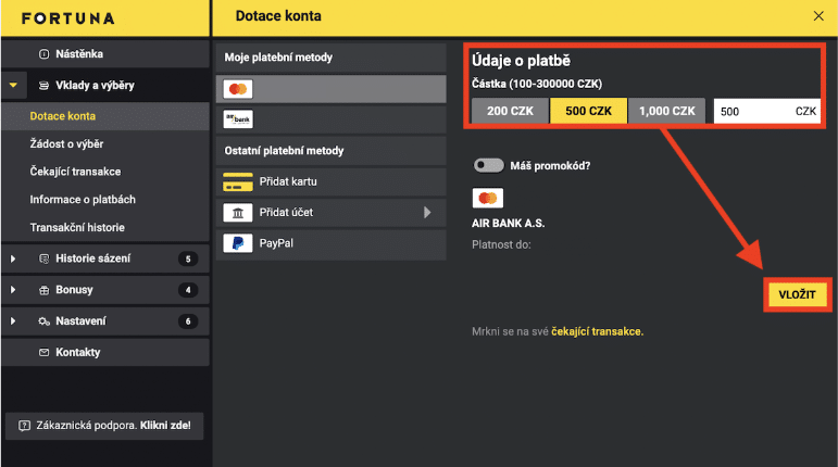 Platební metody na stránkách Fortuna