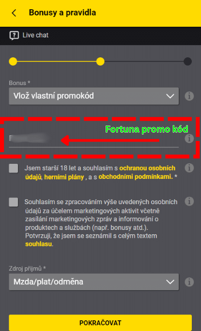 Fortuna promo kód pole