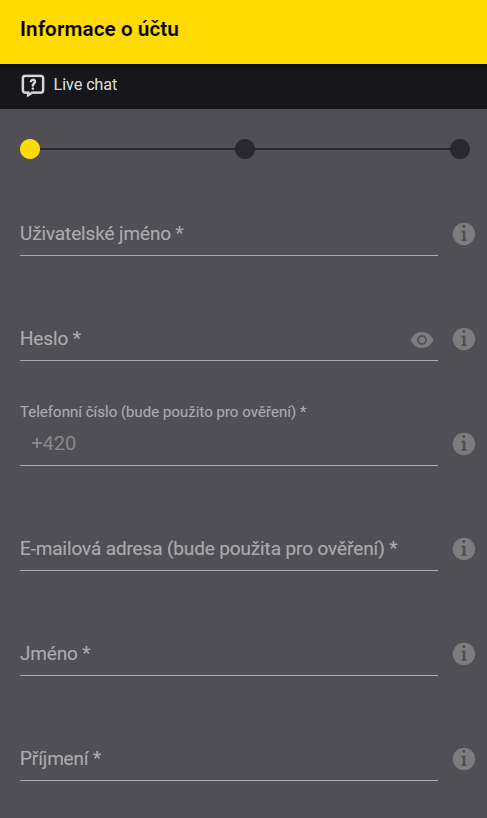 Registrační formulář Fortuna