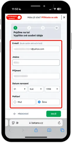 zadejte osobní údaje Betano