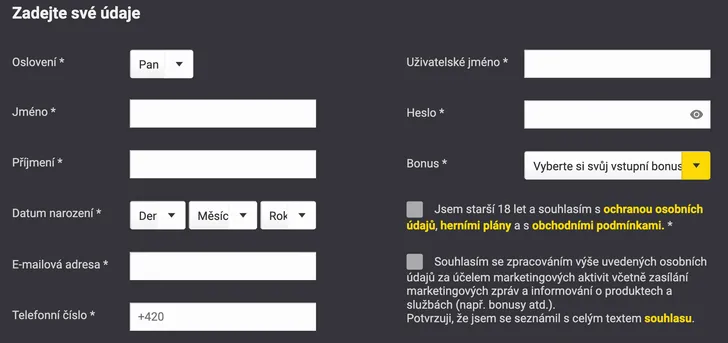 Podrobnosti přihlášení a registrace