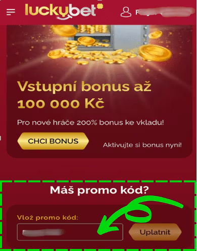 Zadání Luckybet promo kódu v účtu