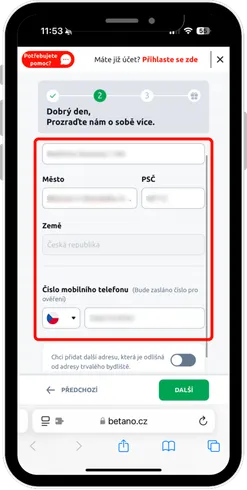 krok registrace Betano CZ